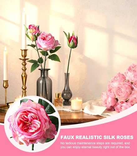 florisso Pink Austin Rose Faux Flowers - 13 Branches Silk Austin Roses for Wedding Bouquets, DIY Crafts & Home Decoration (Silk Artificial Roses) - color: Austin-pink