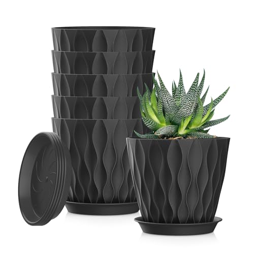 5 Inch Planter Pots, 6 Pack Indoor Planters, Small Flower Pots with Drainage Holes and Tray for Succulents, Orchids, Herbs and Other Indoor Plants,Black - color: Black, size: 5inch
