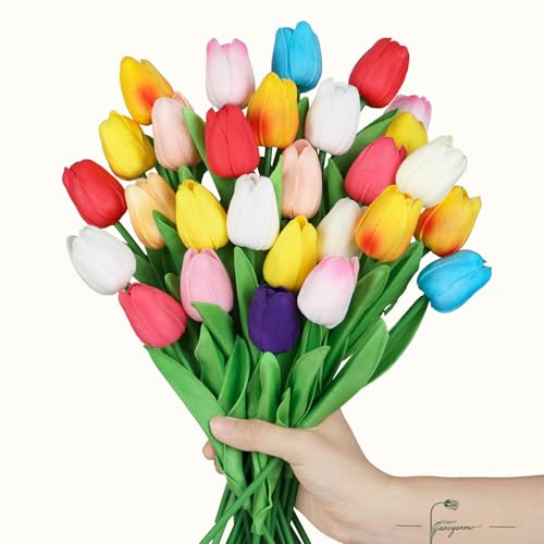 28Pcs Tulips Artificial Flowers Real Touch PU Faux Tulips Colorful Fake Flowers for Home Decor - Easter Spring Table Arrangement in Vase (Bedroom, Living Room, Kitchen) - color: Multicolor-28