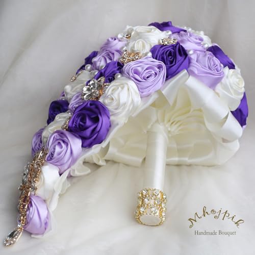 Luxury Cascade Bridal Wedding Bouquet Satin Rose Waterfall Holding Bouquet Artificial Flower Bunch for Bride Bridesmaid(Ivory, Purple & Light Purple, 17.3" x 8.7") - color: Ivory, Purple & Light Purple, size: 17.3"L x 8.7"W(44cm x 22cm)