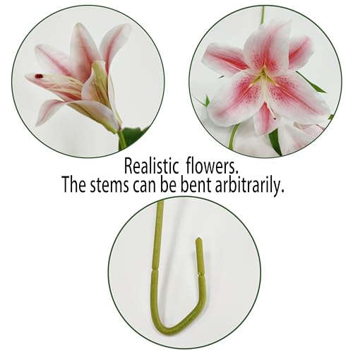 Artificial Lily Flowers,4 Pcs Faux Lily Flowers,32.5 Inch Long Stem Tiger Lily Branch with 2 Full Blooms and 1 Bud, Latex Real Touch Lilium Flower for Wedding Bouquet (4, Pink) - color: Pink