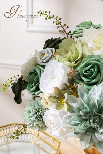 Floweroyal Artificial Flowers Combo Green Flowers Mix Silk Flowers Dahlia Roses with Stems for DIY Wedding Bridal Bouquets, Baby Shower, Floral Arrangement, Table Centerpieces, Home Decorations. - color: Forest Green