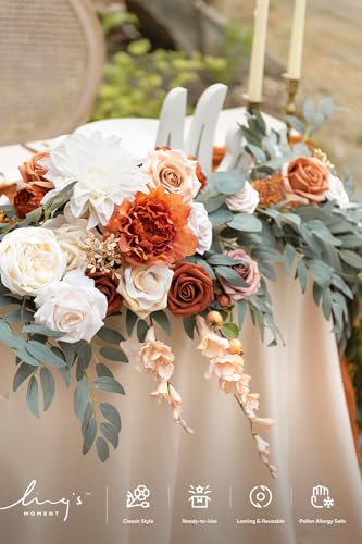 Ling's moment Fall 9FT Flower Garland for Backdrop Decorations - Wedding Arch Flowers, Eucalyptus & Rose, Artificial Floral Garland for Mantle - Sweetheart Table Decor for Ceremony, Terracotta - color: Or-terracotta & Orange