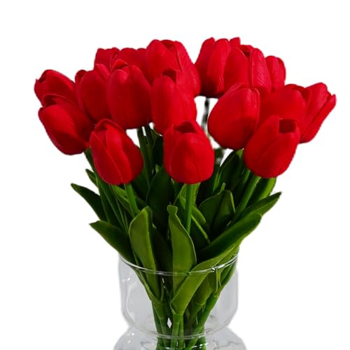 20pcs Red Tulips PU Artificial Tulips13 Inch for Mother's Day Easter Gifts in Home Kitchen Wedding Dining Table Decorations - color: Red