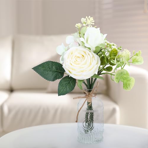 AFRITEE Faux White Silk Flower Arrangements - Centerpiece Table White Rose Flower Bouquet in Small Vase Set for Home Indoor Dining Room Wedding Centerpieces Coffee Table Decor - color: White Bouquet+relief Vase