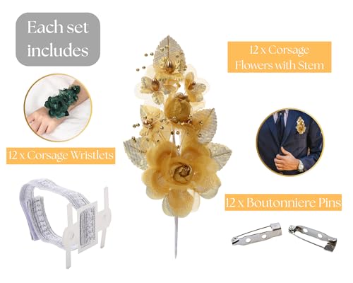 Set of 12 Artificial Silk Organza Craft Rose Flower, 12 Corsage Wristlet, 12 Pin Back DIY Boutonnieres for Wedding, Bridesmaids, Groomsmen, Quinceanera, Prom, Sweet 16 (Gold) - color: Gold