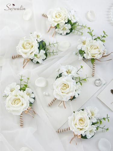 Serwalin 6PCS Ivory Rose Boutonniere for Men Wedding Groom Groomsmen Best Man Artificial Flowers Boutonniere for Wedding Ceremony Anniversary Prom Flowers Formal Dinner Party - color: Ivory, size: Boutonniere 6pcs
