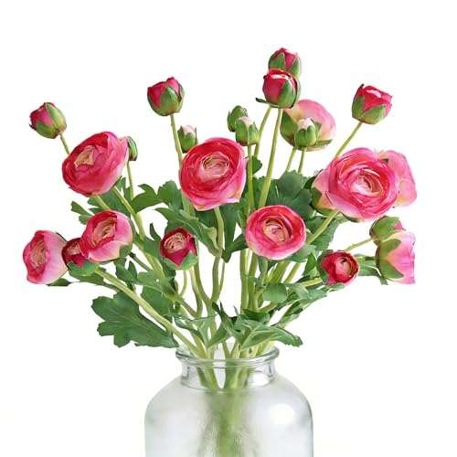 5PCS Artificial Ranunculus Flowers with Silk Flower Real Touch Stem Spray for Home Garden Office Decoration Wedding DIY Arrangements (Rose red) - color: Rose Red