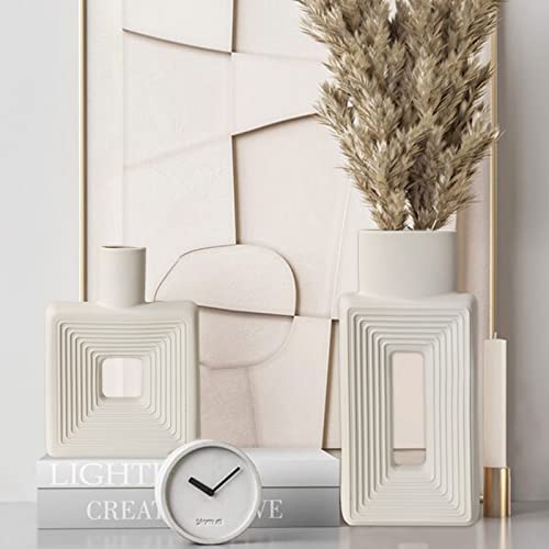 White Ceramic Vase Set of 2，Square Vase Rustic Home Decor Minimalist Nordic Boho Style for Living Room, Shelf, Table, Bookshelf, Mantel and Entryway Decor Vases - color: Square White