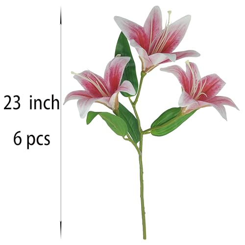 Artificial Lily Flowers,6 Pcs Faux Lily Flowers,23 Inch Long Stem Tiger Lily Branch with 3 Full Blooms and 4 Leaves, Latex Real Touch Lilium Flower for Wedding Bouquet (6, hot Pink) - color: Hot Pink