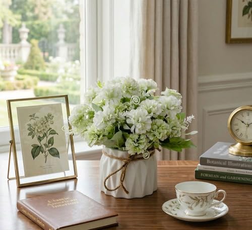 TKAS Fake Flowers Arrangement in Ceramic Vase, Artificial Faux Silk Hydrangea, Small Realistic Dried-Style Floral, Dining Table Centerpiece for Wedding Party Home Decoration (Green) - color: Green