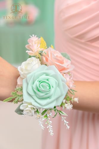 TINGE TIME Set of 2 Wrist Corsage Bracelets Pearl Wristlet Band Bridesmaid Bracelet for Wedding Ceremony Bridal Shower Wedding Artificial Flower Prom (MintGreen&Pink) - color: Mint Green & Pink