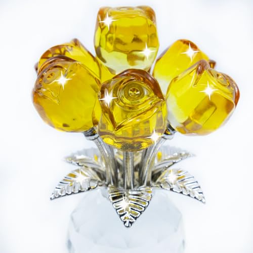 TWINKLING Crystal Roses Figurine with Round Vase, Glass Rose Crystal Flowers Bouquet, Birthday, Anniversary,Wedding, Home Décor,Silver Leaf (Yellow) - color: Yellow(silver Leaf)