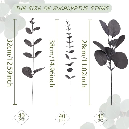 Coreland 120 Pcs 3 Kinds Mixed Artificial Eucalyptus Stems Faux Eucalyptus Leaves Branches Black Flower for Halloween DIY Bouquets Floral Arrangement Wedding Home Decor - color: Black Eucalyptus-120pcs