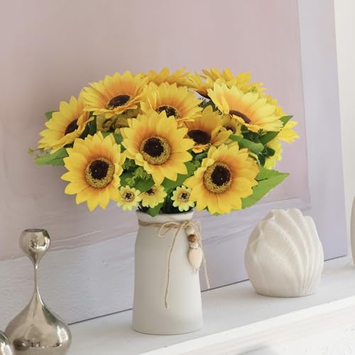 Artificial Sunflower Arrangement in Cream Vase, Silk Fake Flowers in Vase with Jute Rope & Heart Charm, Table Centerpieces for Dining Room, Kitchen and Table Décor - color: White Vase