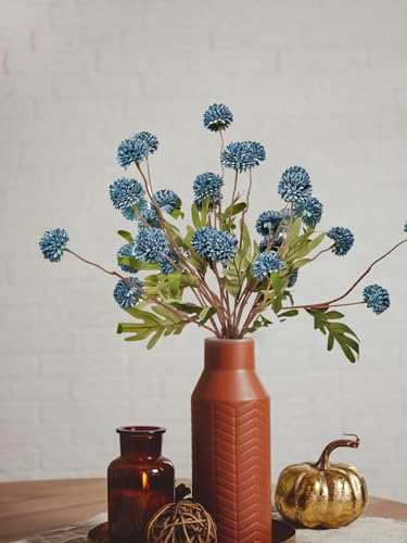 6 Pcs Faux Silk Pompon Mum Artificial Flowers, Silk Small Mini Chrysanthemum Ball with Long Stems, for Wedding Champagne Arrangements Bouquets Centerpieces Home DIY Decorations, No Vase, White - color: Blue