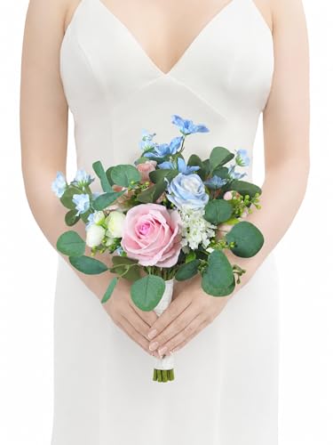 Rinlong Pink Blue Bridesmaid Bouquet for Wedding, Prom, Homecoming | Silk Bridal Bouquet, Destination Friendly - color: 17-white Pink & Blue