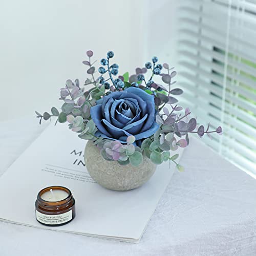 Small Artificial Blue Rose Potted Plant, 6" Fake Silk Flowers in 3.5" Round Pot, Mini Faux Floral Arrangement for Desk Shelf Bathroom Decor - color: Blue