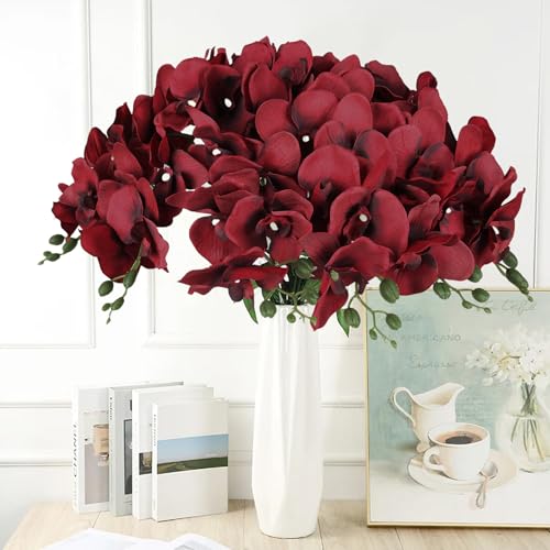 IPOPU 6Pcs Red Orchids Artificial Flowers 37.4" Long Stem Fake Silk Orchid Look Real Flowers for Tall Vase Faux Orchids with 9 Large Blooms for Wedding Home Dining Table Centerpiece Decoration (Red) - color: Red