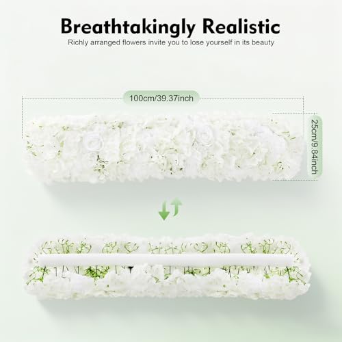 1-Meter Flower Arrangement, Decorative Artificial Flower Row Greenery Garland Silk Floral Panel for Party Wedding Background Decor White