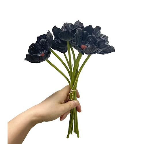 Rikyo 10 Stem 11" Bouquets Artificial Flowers Poppy Flowers,No Fade Anemone PU Fake Wild Flowers for Kitchen Table Centerpiece Vase,Home Wedding Holding Flowers Backdrop Arch Wall (Black) - color: Black