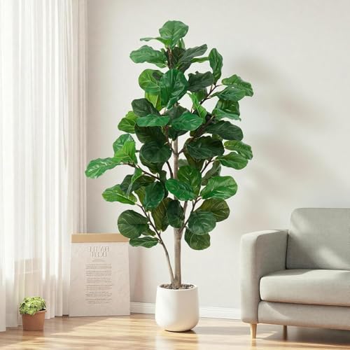 Faux Fiddle Leaf Fig Tree 5ft Tall Indoor Fake Tree in White Pot with 70 Leaves Artificial Ficus Lyrata House Plant for Indoor Home Office Bedroom Living Room Decor Perfect Housewarming Gift - size: 5ft