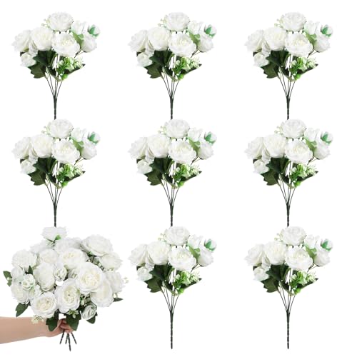 JJUNW 8 Bundles White Peonies Artificial Flowers, White Fake Peonies Silk Flowers with Stems Bulk Bouquet Reusable Realistic for Vase Floral Arrangements Wedding Table Decoration