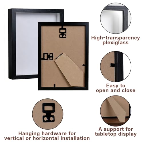 8x10 Shadow Box - Black Wooden Deep Picture Frame with Shatter-Resistant Panel for Wall Decor | 3D Display Case for Military Medals, Flowers, Photos and Crafts | Easy to Open & Ready to Hang Gift Idea - color: Black, size: 1Pcs 8X10in