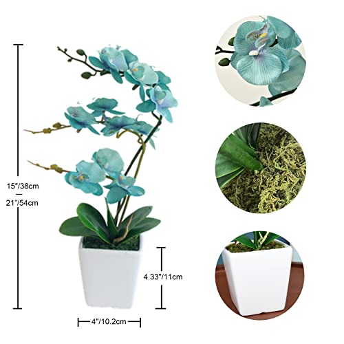 15 Inches Tall Artificial Silk Phalaenopsis Orchid Flower Plant Pot Teal Arrangements (Golden Blue) - color: Golden Blue