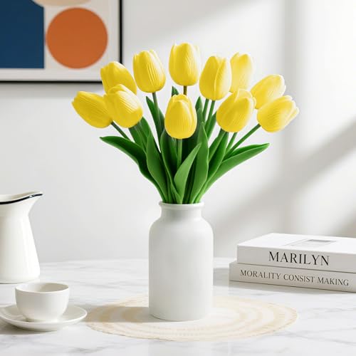20Pcs Fake Tulips Artificial Flowers Faux Tulips Real Touch PU 13" Yellow Tulip Bouquet for Mother's Day Home Kitchen Decor Home Party Office Decorations - color: Yellow