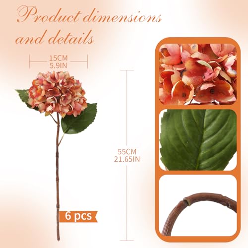 6PCS 21 Inch Lifelike Artificial Silk Hydrangea Flowers, Large Fake Hydrangea Flowers Bouquet with Stems, Full Faux Hydrangea for Home Decor Wedding Table Party Office Decor(Dusty Orange) - color: Dusty Orange