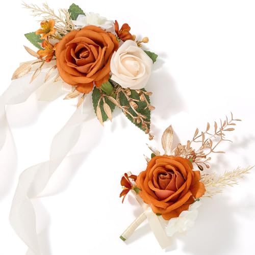 Alecono Orange Corsage and Boutonniere Set, Rose Corsage Wristlet for Women and Boutonniere for Men Wedding Prom Flower Accessories Suit Decorations - color: Orange, size: Corsage and Boutonniere Set