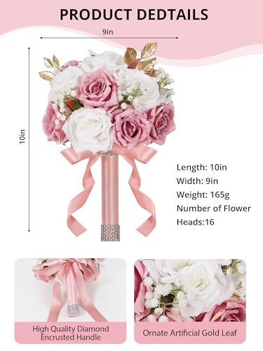 Wedding Bouquets for Bride & Bridesmaid, 9 Inch Artificial Rose Bridal Bouquet, Ivory White & Pink Silk Flowers for Wedding Ceremony, Church, Party Decoration (White Pink) - color: White Pink