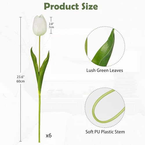 6PCS 23" Fake Tulip Flowers Artificial White Tulips Long Stem Faux Flower, Silk Flower Décor for Floral Arrangement Home Farmhouse Wedding Decoration - color: White