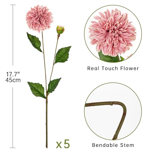 Hollyone Pink Dahlia Artificial Flowers 5Pcs Fake Dahlia Flowers for Decoration Silk Flower with Long Stem 17.7" Floral Arrangements Bouquets Indoors Outdoors Faux Dahlias Centerpieces Home Decor - color: Pink