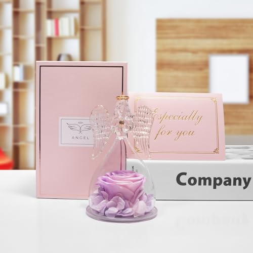 Miofula Gifts for Mom Birthday Gifts for Women, Preserved Flowers Rose in Glass Angel Figurines, Fresh Flowers for Delivery Anniversary Forever Real Roses Gifts for Mothers Grandma Her Wife Girlfriend - color: Pink+purple