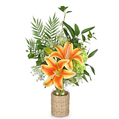 Hollyone Fake Flowers with Vase, Orange Silk Tiger Lily Artificial Flowers in Vase, Faux Plants and Flowers Arrangement Bouquets with Vases for Table Centerpieces Office Bathroom Home Decor - color: Orange