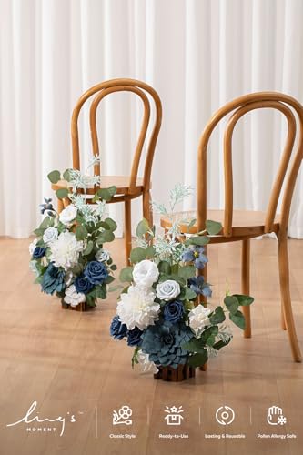 Ling's moment 17.5" Tall Standing Artificial Flowers Arrangements 4 pcs Wedding Aisle Runner Chair Decorations Dusty Blue Navy Centerpieces for Ceremony Reception Rose Floral Party Outdoor - color: Blu-dusty Blue & Navy Blue & White(2024)