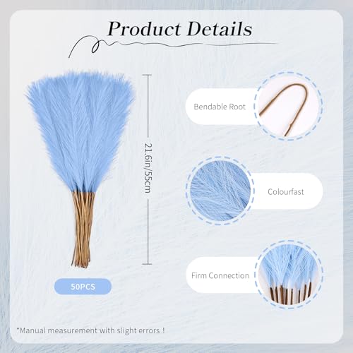 50pcs Sky Blue Pampas Grass 21.6 Inch Non-Shedding Faux Pampas Grass Decor, Fluffy Artificial Pampas for Boho Home, Wedding Centerpieces and Neutral Vase Arrangements - color: Sky Blue