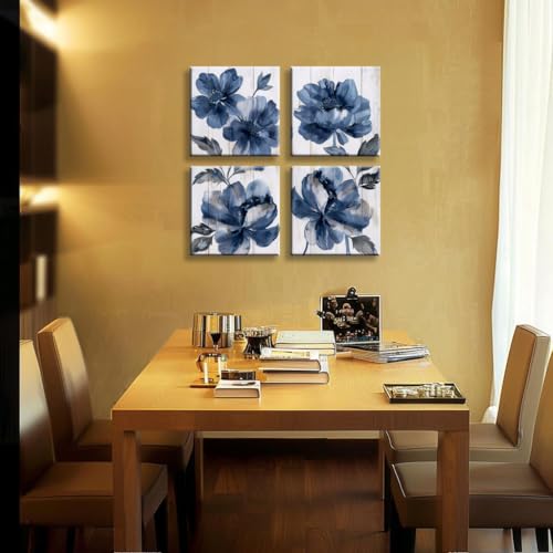 BQVCT 4 Piece Blue Floral Wall Art White Wood Canvas Prints Grey and Navy Flowers in The Style of Watercolor Painting Vintage Flora Wall Decor for Bedroom Kitchen 12"x12" - color: Navy/white
