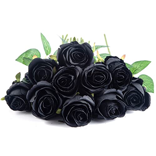 10pcs Artificial Rose Flowers Long Stem Fake Silk Roses for DIY Wedding Bouquet Table Centerpiece Home Decor (Black) - color: Black