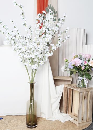43.3in White Delphinium Artificial Flowers 5pcs Faux Snapdragon Flowers Long Stem Silk Flowers for Vase Table Centerpiece Home Wedding Party Garden Decoration(White) - color: White