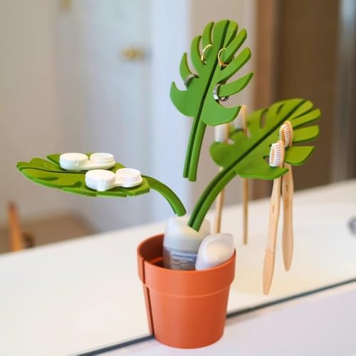 Artificial Monstera Leaf Mirror Plant Decor Set – Bathroom Toothbrush Holder Organizer – Faux Plant Pot with 3 Leaves – Home Countertop Decoration