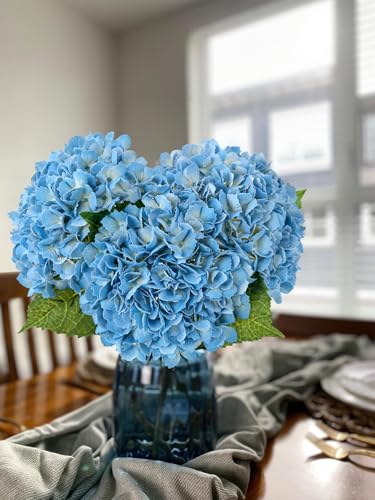 JINWOE Light Blue Artificial Hydrangea Flowers, 3pcs 21" Latex Real Touch Spring Faux Hydrangea Flowers,Lifelike Artificial Hydrangeas with Stems for Porch Bouquets Wedding Home Table Centerpieces - color: Light Blue