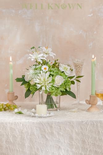 Artificial Flowers in Vase with Fake Water, 12.5" Realistic Silk Rose Peony Lily Faux Floral Arrangements with Glass Vase for Office Home Dinning Table Birthday Party Wedding Decor - White & Green - color: White & Green