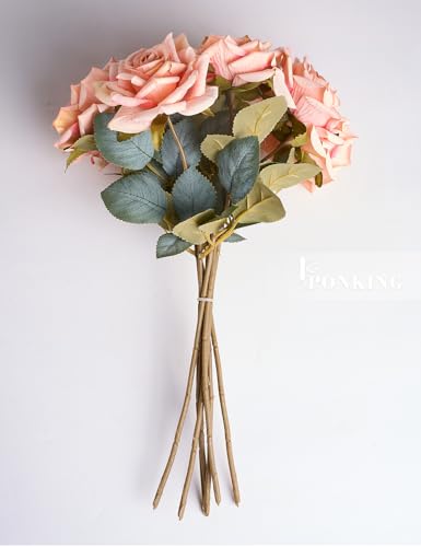 PONKING 3.1"(8cm) Manta Rose Artificial Flower 7pcs Realistic Faux Silk Roses Fake Flowers Bouquets Arrangements Decor for Wedding Spring Mother's Day, Home Table Decorations, Light Pink Flower - color: B 7pcs Light Pink Rose