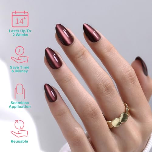 32Pcs Soft Gel Press on Nails for Women, Brown Cateye, Short Almond | Magnetic Glass Cat Eye False Fake Nails Press Ons for Office Daily Wear, Salon Quality Reusable Glue & Stick on Nail Gift Kit - color: 1A-Brown Cateye