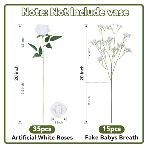 HyeFlora 35 PCS Artificial White Roses with 15 PCS Fake Baby Breath Realistic Fake Flowers Bouquet with Stem for DIY Wedding Party Home Decoration Vase Tables Centerpieces Arrangements Gift for Her - color: 35 Pcs White Roses With 15 Pcs Baby Breath