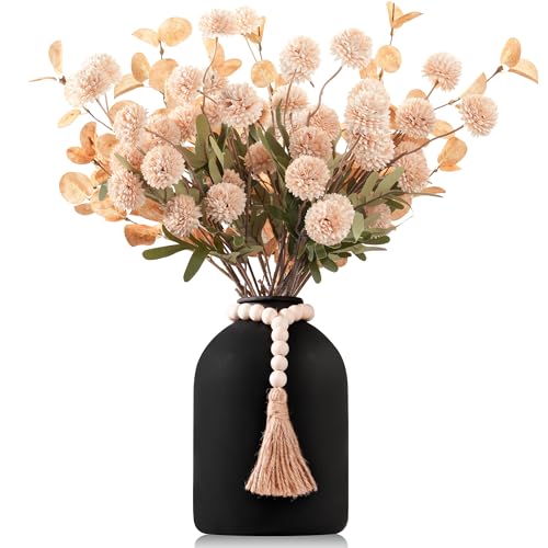 20''H Fake Flowers in Large Vase for Centerpiece Table Decorations with 10Pcs Fake Mums Flowers Eucalyptus Stems Faux Pompon Kiku Flowers Arrangement for Home Decor (Beige/Black Vase) - color: Beige/Black Vase