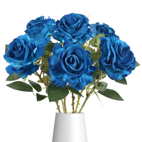 6Pcs Blue Rose Artificial Flowers Long Stem Velvet Roses Real Touch Fake Flowers for Floral Arrangements Home Wedding Dining Table Party Garden Decoration(Blue) - color: Blue